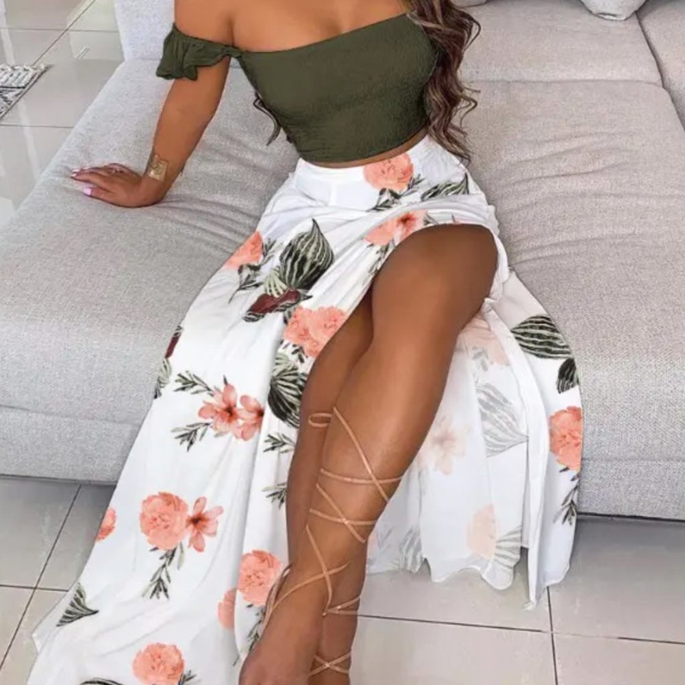 Off Shoulder Crop Top and High Slit Floral Print Maxi Skirt Set